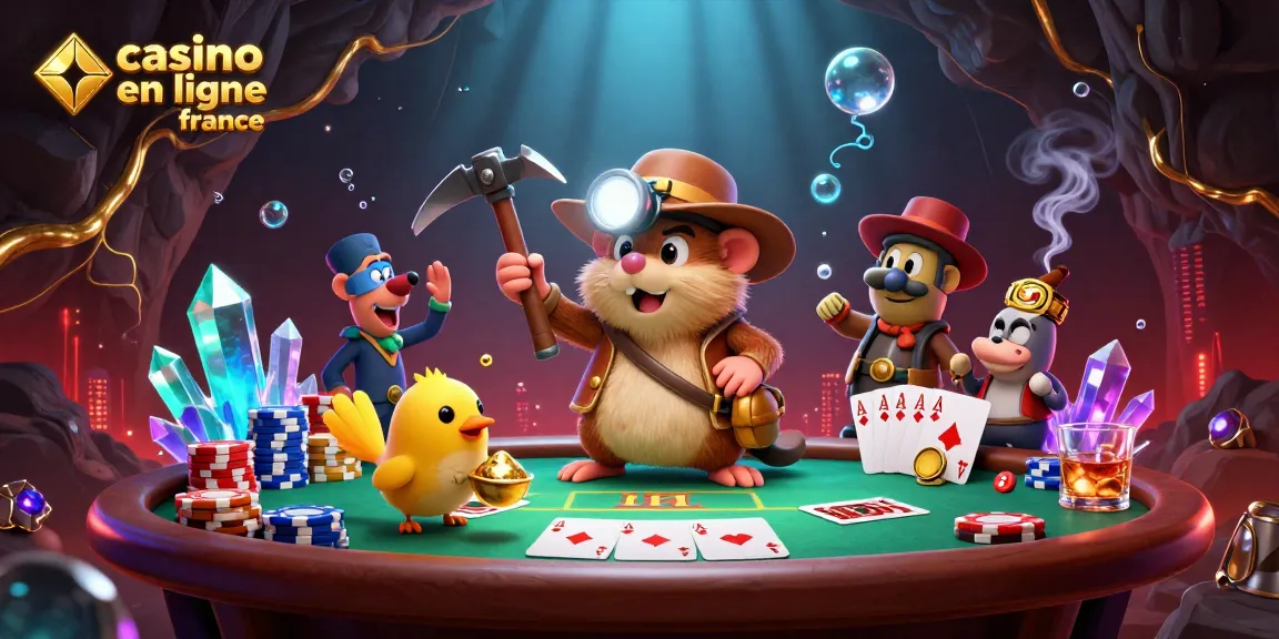 Illustration dynamique représentant un mole chasseur de trésors et un canari ensemble, promouvant casino en ligne france avec des éléments de poker.