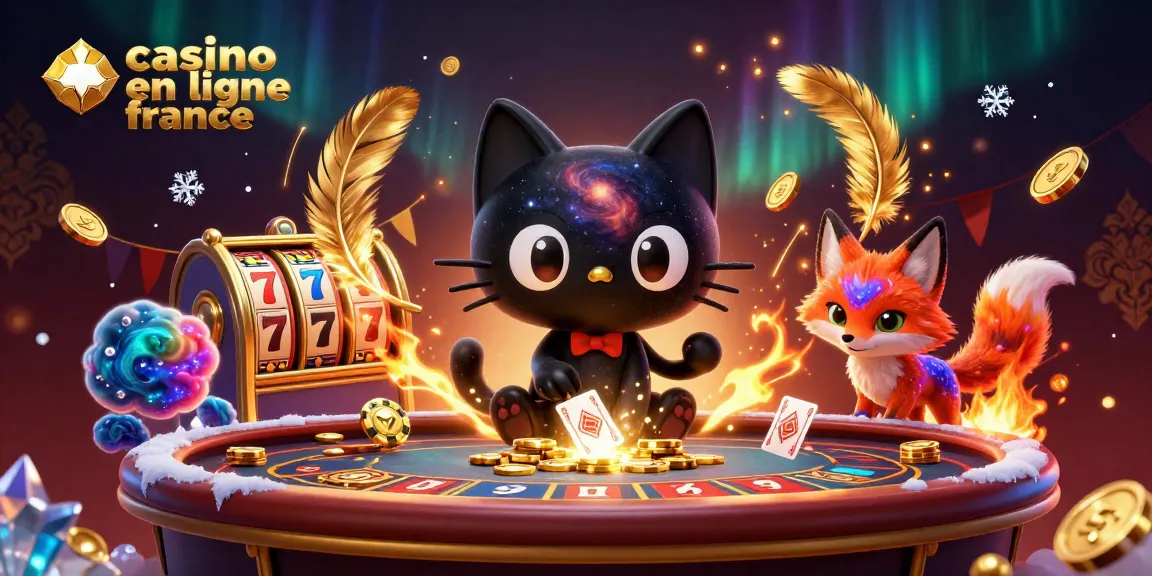 Jeux captivants au casino en ligne France avec un chat trou noir et un renard nébuleux attirant les jetons d'or.