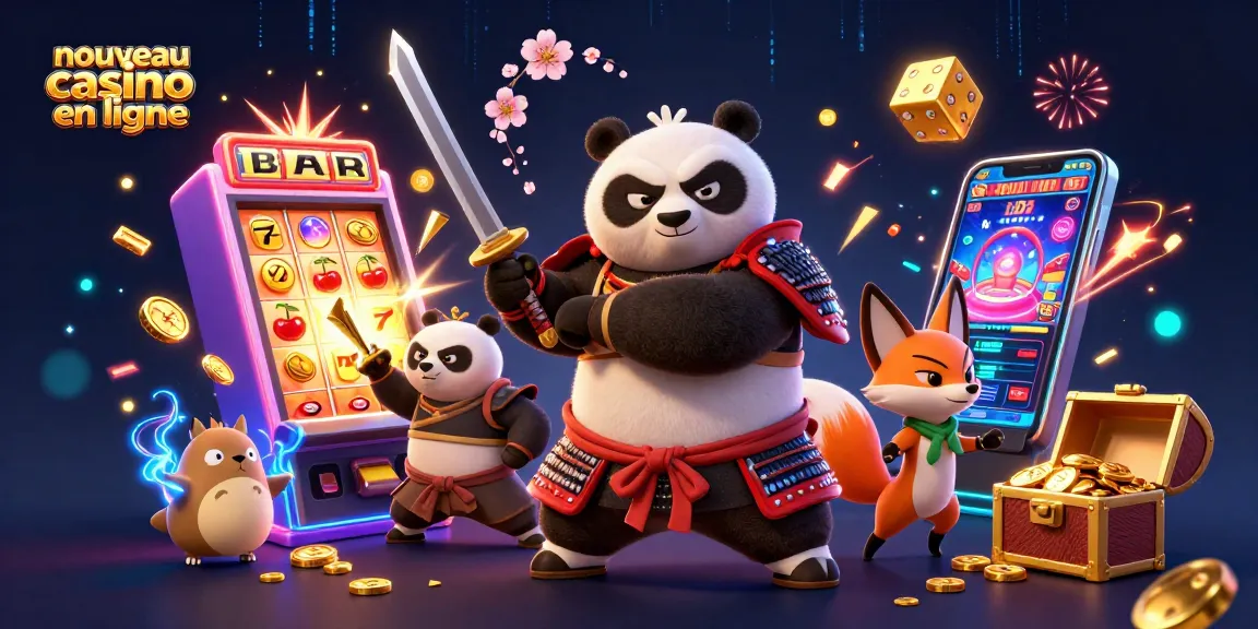 Visualisez le nouveau casino en ligne avec un panda samouraï et un renard ninja dans une scène dynamique de bonne fortune.