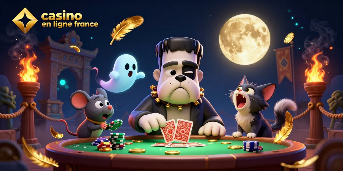 Visitez le casino en ligne France avec un bulldog Frankenstein, des jetons et des jeux animés.