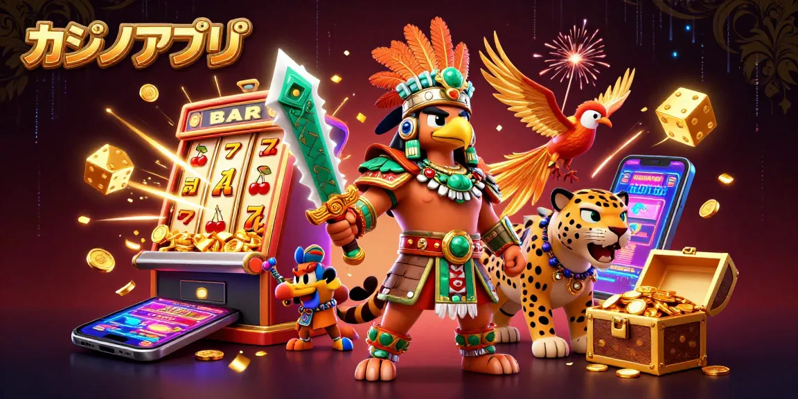 カジノアプリのジャックポットを祝う3Dアズテック戦士のイラスト。