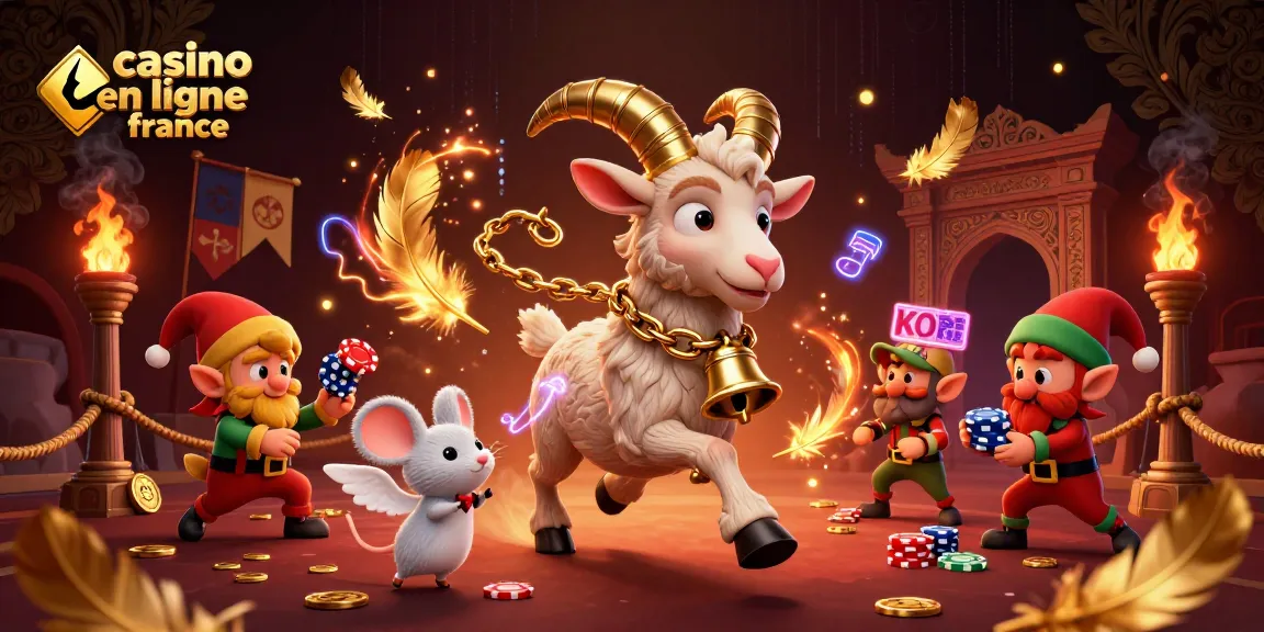 Illustration 3D d'un casino en ligne France avec Krampus, une souris ange et des gremlins.