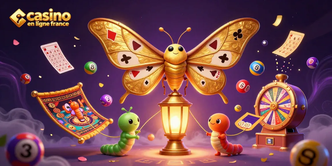 Visitez le casino en ligne France avec des éléments de loterie, un papillon et des jeux de casino captivants.