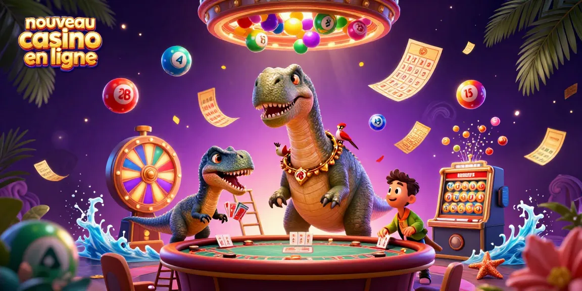 Illustration de casino dynamique mettant en avant un nouveau casino en ligne avec des personnages ludiques et des éléments de jeu captivants.