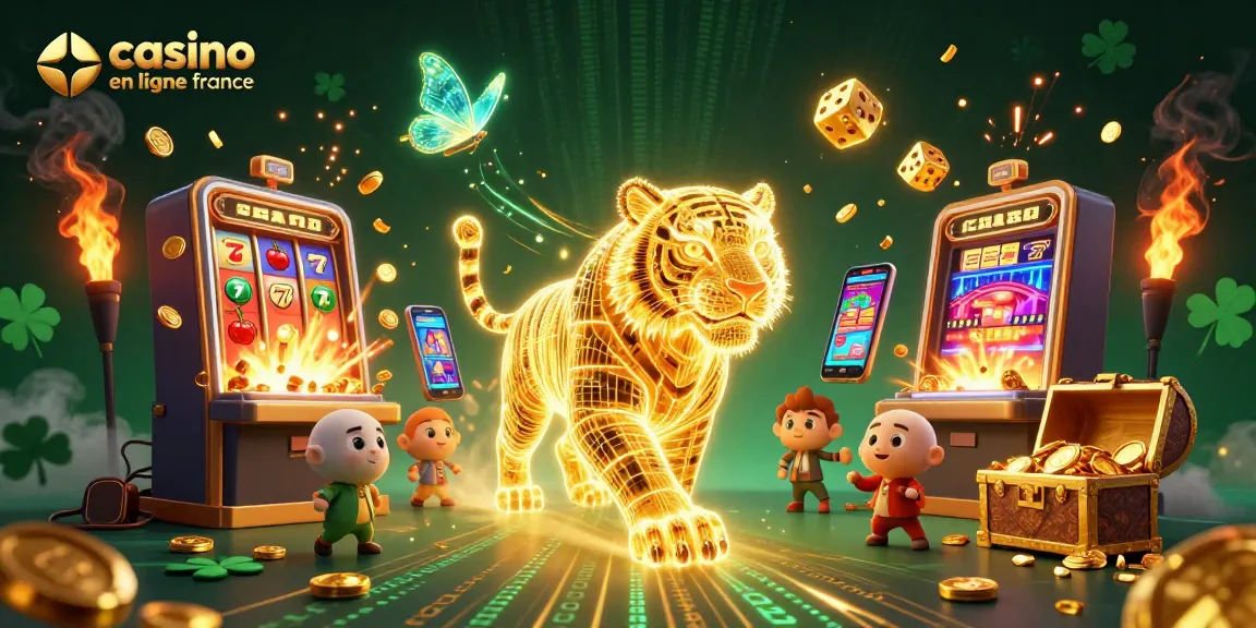 Illustration dynamique de casino en ligne France avec un tigre doré et des jeux de hasard.