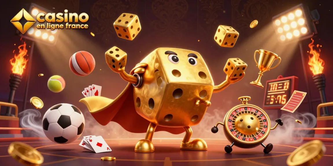 Jouer au casino en ligne France avec un golem en dés dorés jonglant des dés tout en célébrant des gains sportifs.