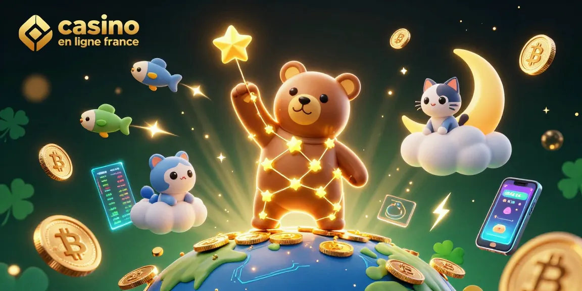 Visuel captivant pour casino en ligne France avec des étoiles et des monnaies numériques lumineuses.