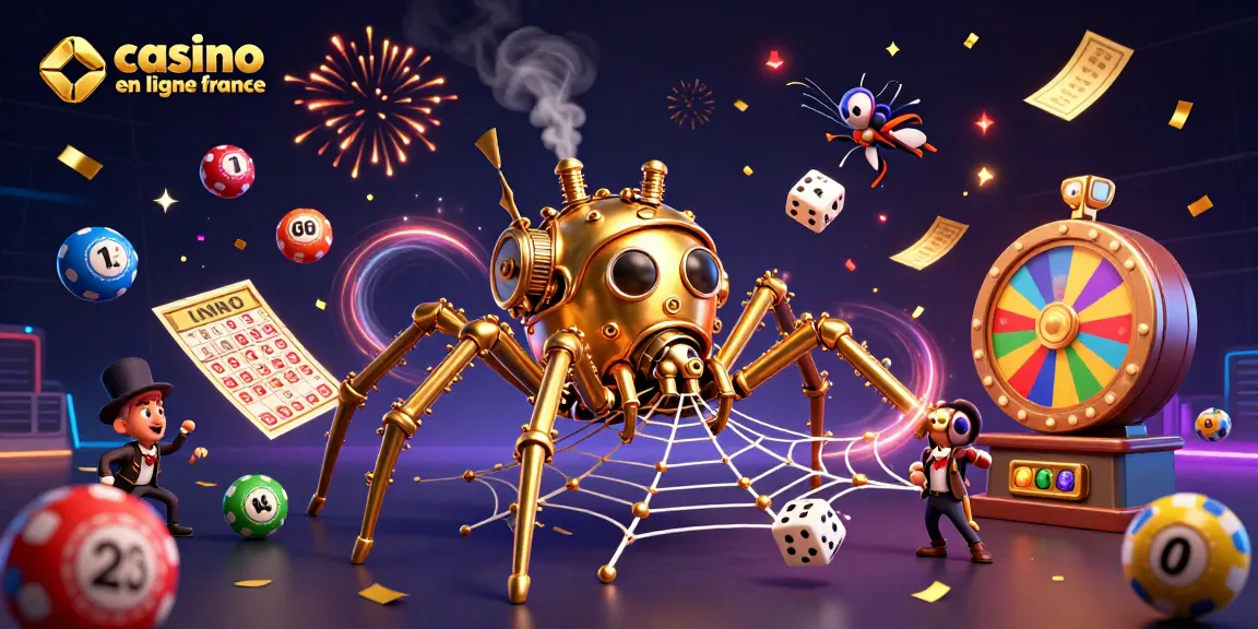 illustration d'un casino en ligne France avec une araignée steampunk et un homme amusé