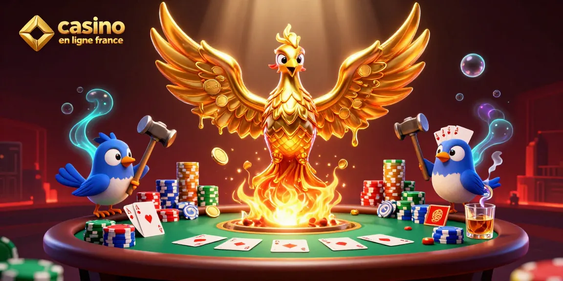 Visualisez un casino en ligne France à travers un phénix doré et des éléments de poker captivants.