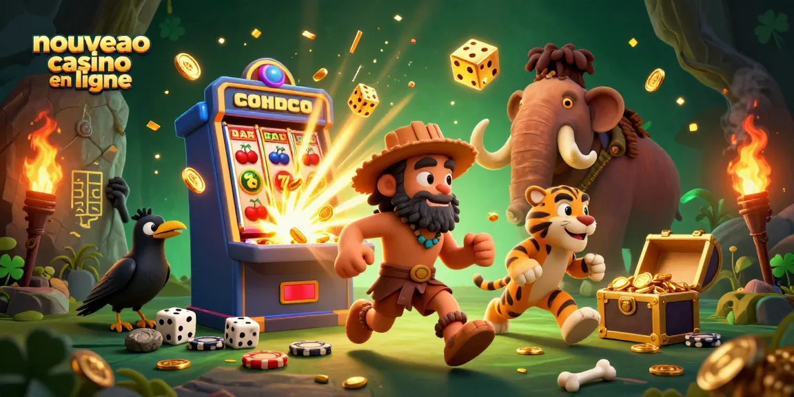 Un tableau captivant de la thématique de casino moderne, avec des personnages préhistoriques illustrant un casino vibrant, jouant avec des jetons et dés en os, représentant le nouveau casino en ligne.