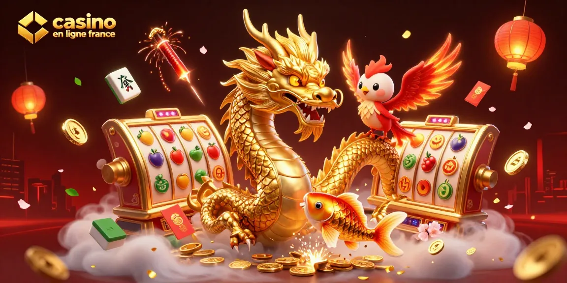 Illustration 3D illustrant un dragon chinois doré et un phénix rouge pour casino en ligne France.