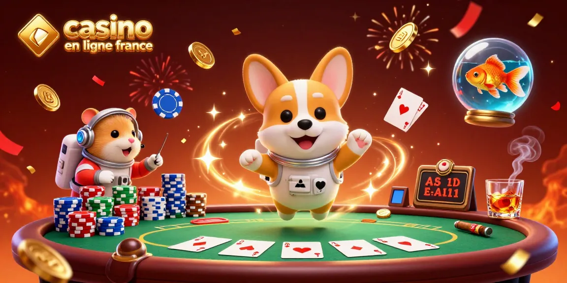 Une illustration 3D de "casino en ligne france" avec un corgi astronaute et des jetons flottants.