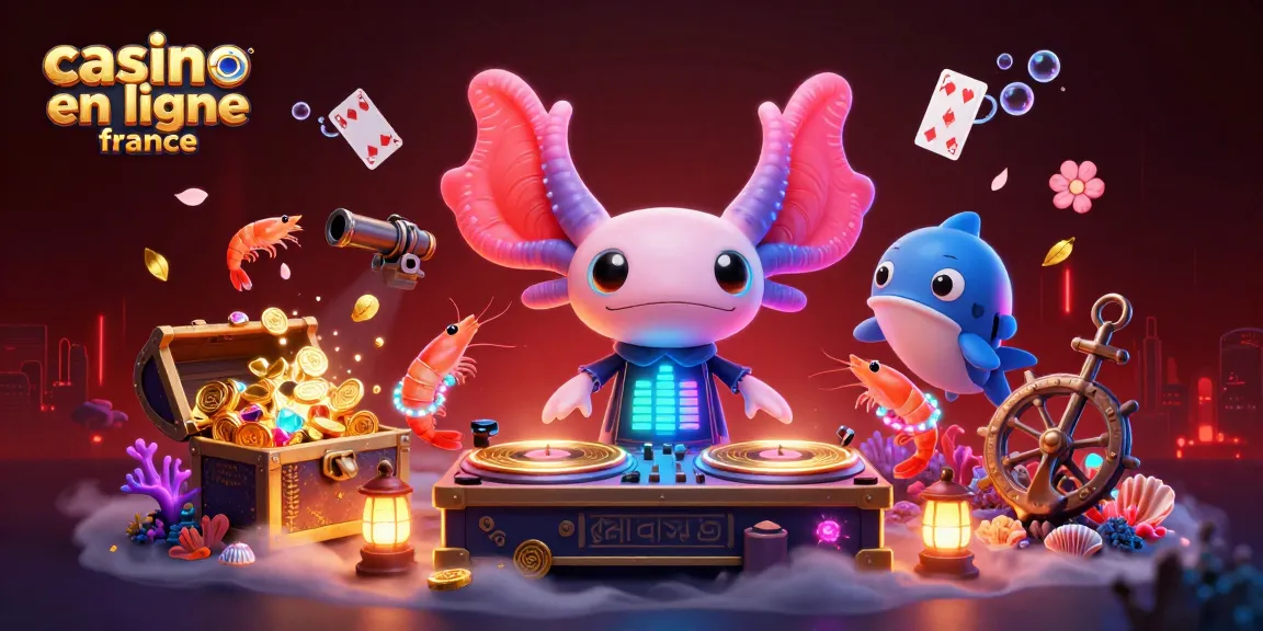 Illustration 3D vibrante représentant le casino en ligne France avec un DJ axolotl coloré et des créatures dansantes.