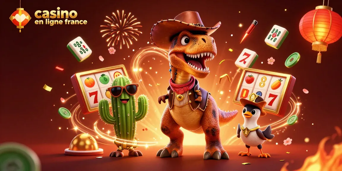 Illustration attrayante de casino en ligne France, représentant une scène festive avec un dinosaure T-Rex et des symboles de machines à sous.
