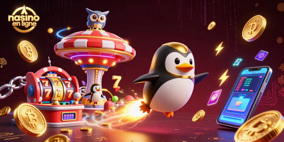 Plongez dans l'univers du nouveau casino en ligne avec un pingouin doré propulsé par fusée, entouré de symboles de machines à sous.