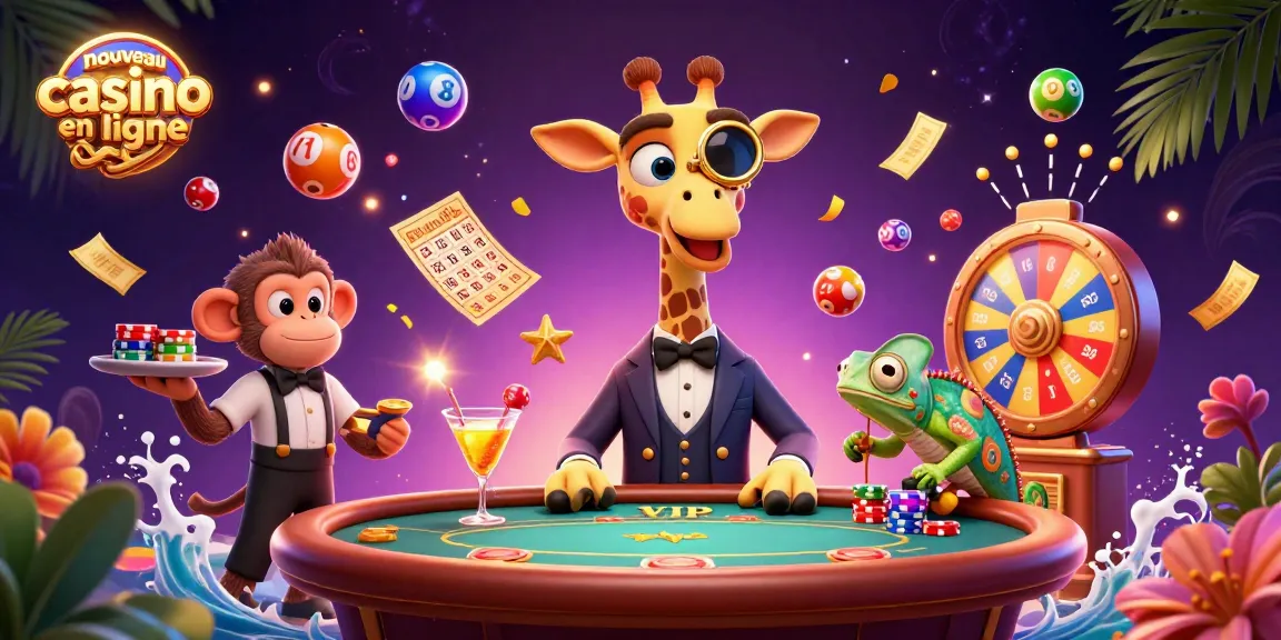 Le nouveau casino en ligne attire avec une illustration colorée de jeux de hasard animée par une girafe et un singe.