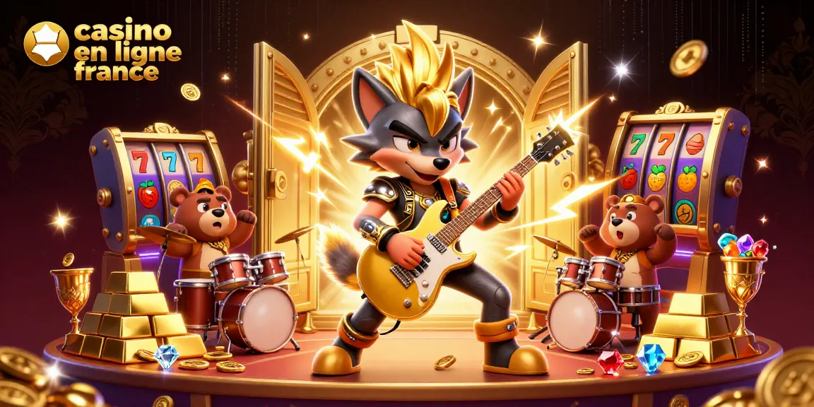 Illustration captivante représentant l'univers vibrant du casino en ligne France avec un loup rockeur et un ours batteur.