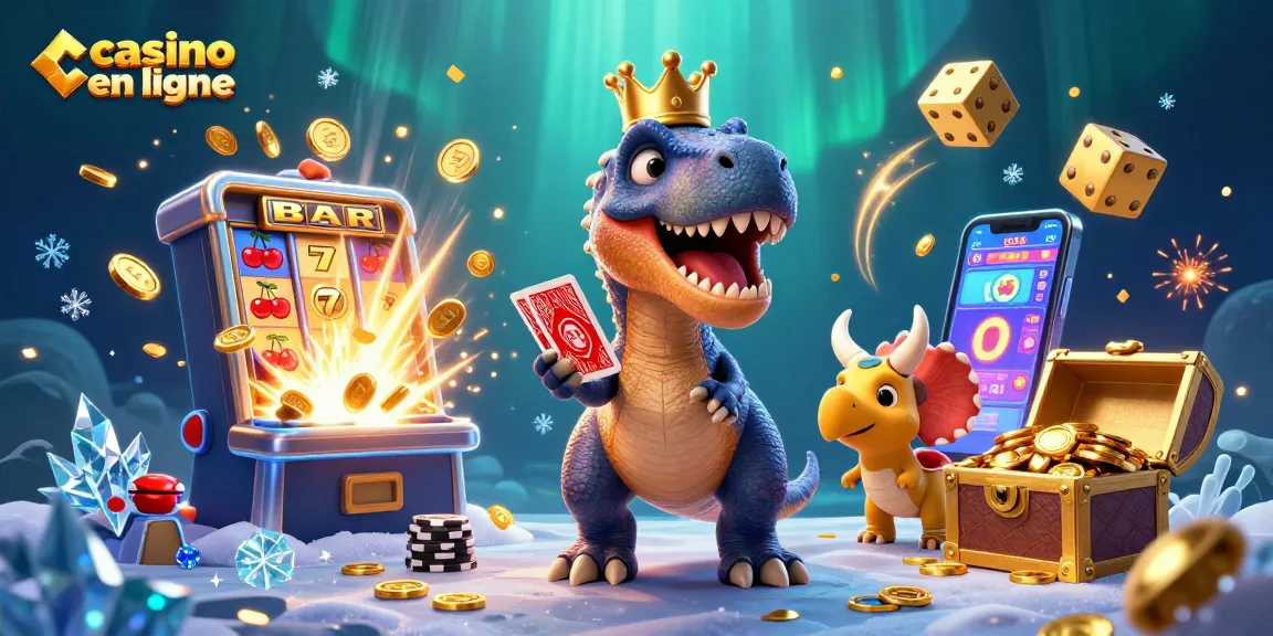 Les personnages amusants du casino en ligne dansent autour des machines à sous et des jetons dorés.