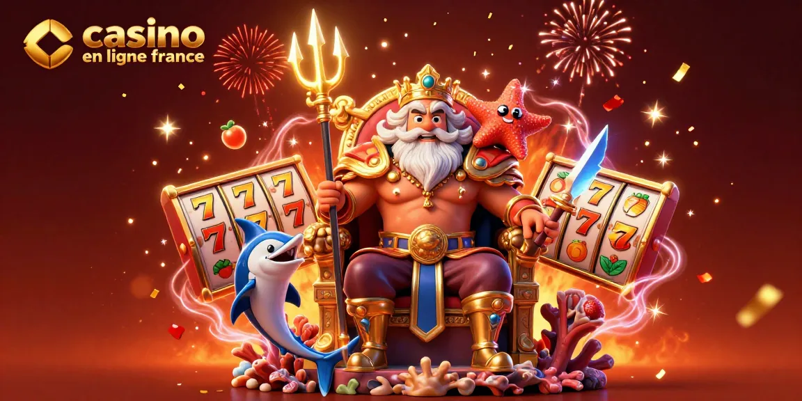 Découvrez l'univers des jeux en ligne avec "casino en ligne France" et Neptune entouré de symboles de jackpot.