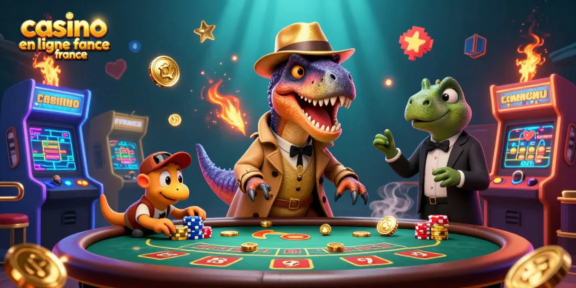 Illustration dynamique représentant un velociraptor dans un casino, lié au casino en ligne France, avec des personnages colorés.