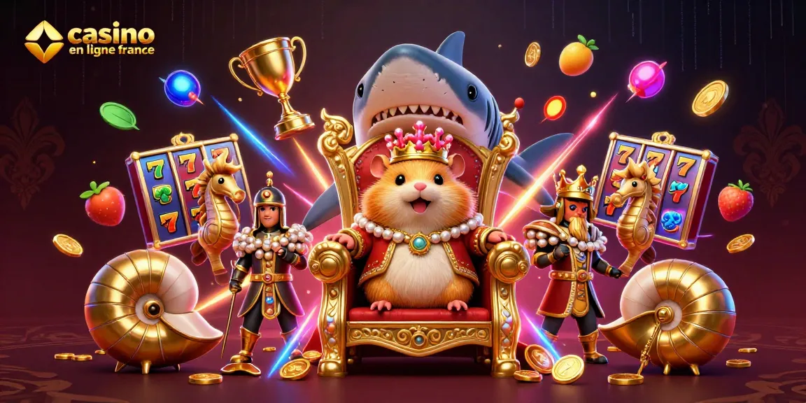 Illustration de casino en ligne France avec un hamster roi, des gardes hippocampes et des éléments de machine à sous dynamiques.