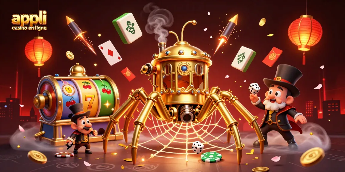 Découvrez une scène captivante d'appli casino en ligne avec une araignée steampunk et des éléments de jeux éblouissants.
