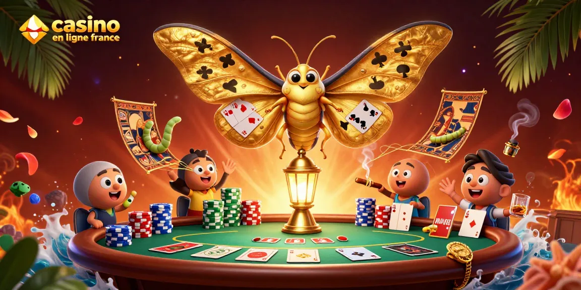 Illustration captivante de casino en ligne France avec un papillon et des éléments de poker, symbolisant l'excitation du jeu.