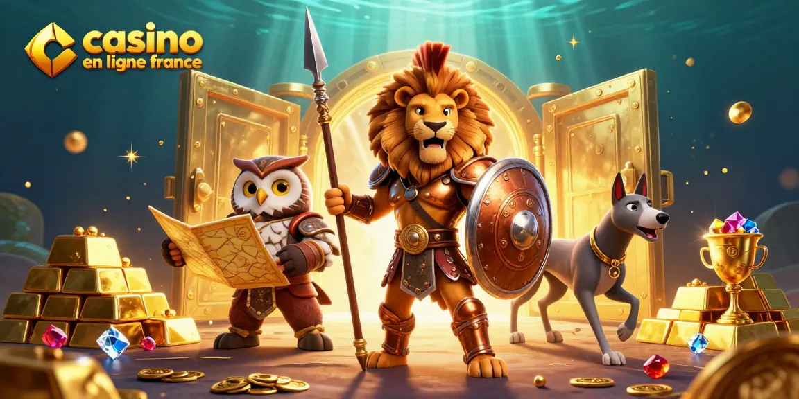 Découvrez un lion en armure, en pleine action dans un casino en ligne France, entouré de richesses.