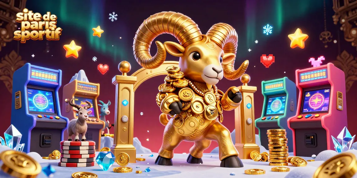 Visualisez une scène animée sur un site de paris sportif avec un bélier doré et des éléments de jeu.