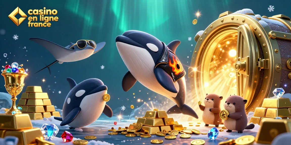 Le casino en ligne France présente une scène animée avec une orque et des otaries entourées de trésors scintillants.