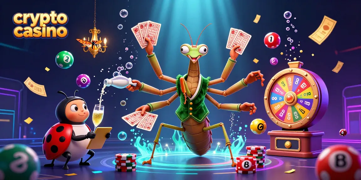 Jeux captivants au crypto casino, avec un personnage en manteau de velours vert et des ballons de loterie colorés.