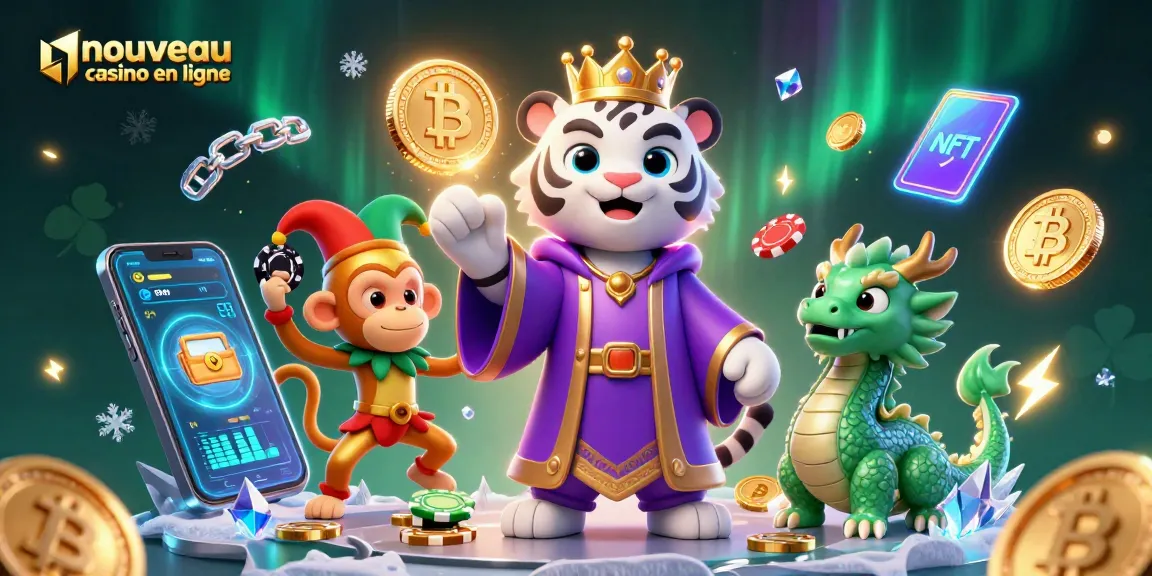 Illustration dynamique d'un nouveau casino en ligne mettant en scène un tigre blanc, un singe jongleur et une statue de dragon.