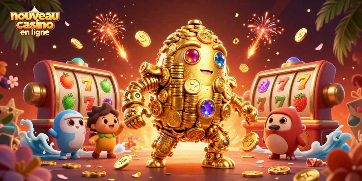 Gagnez des jackpots avec le nouveau casino en ligne, orné de symboles de machines à sous et d'un golem doré