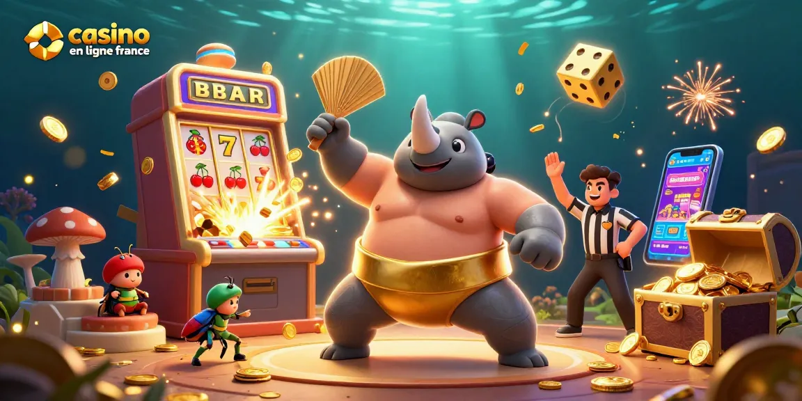 Admirez l'illustration représentant un casino en ligne France vivant avec un scarabée rhinocéros et des thèmes de machines à sous.
