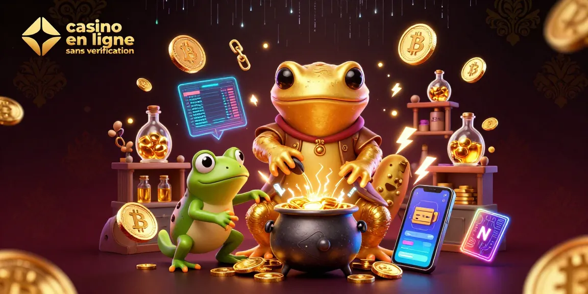 Pariez dans des casinos en ligne sans vérification avec une illustration colorée d'alchimistes et de crypto-monnaies.