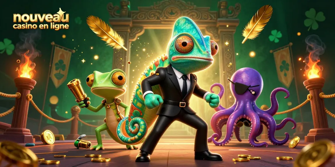 Visuel dynamique d'un nouveau casino en ligne illustré par un caméléon espion et un Gecko avec gadgets dorés.