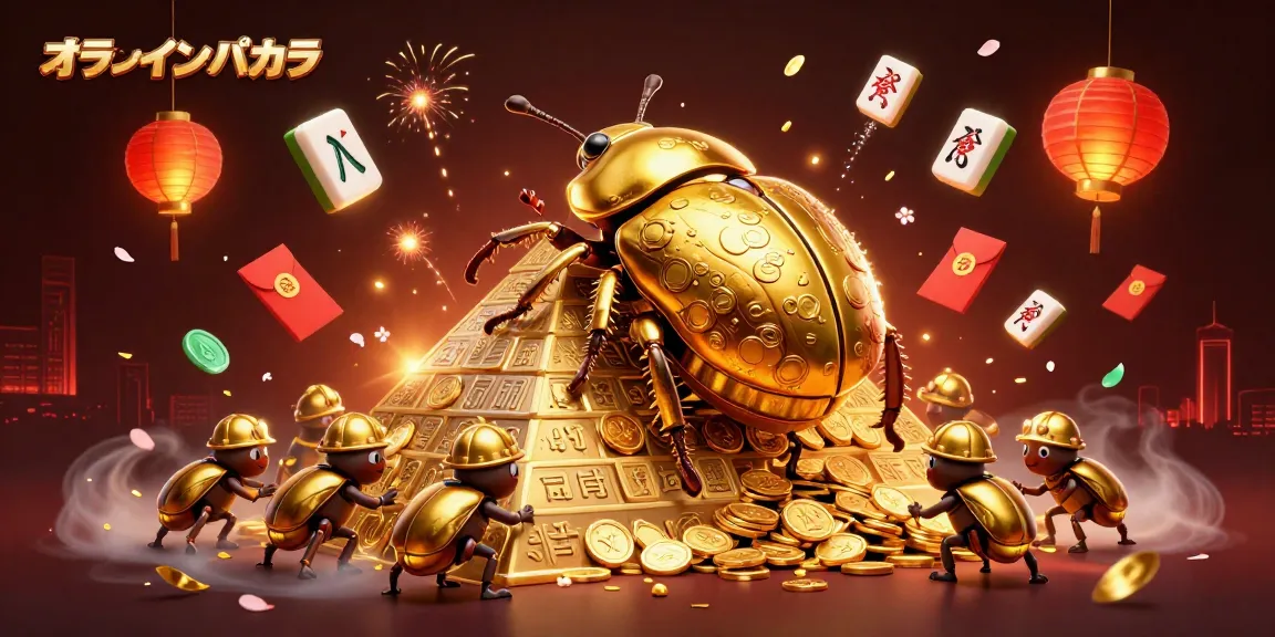 オンラインバカラでの勝利を目指す金色の甲虫とコインのバランスを取る場面
