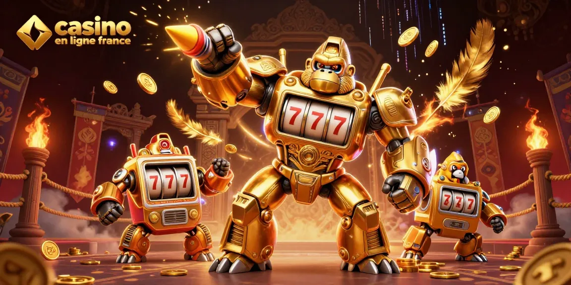 Illustration dynamique de casino en ligne France avec un gorille mech en or et des machines à sous.