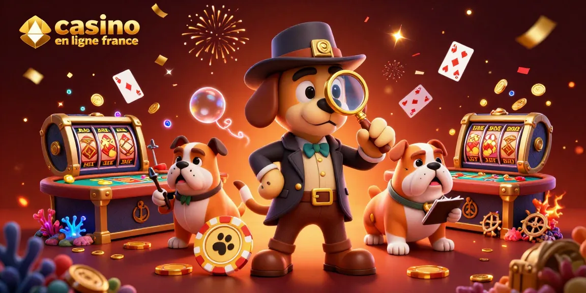 Illustration dynamique représentant le casino en ligne France avec un détective et un chien, explorant des jetons de poker.
