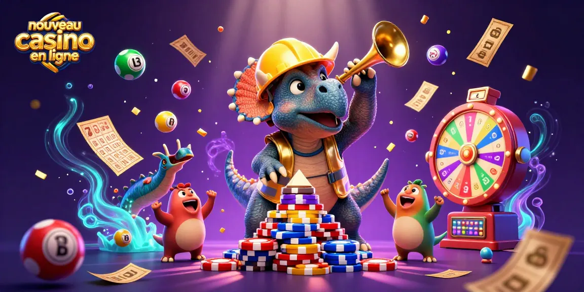Jouez à des jeux excitants dans le nouveau casino en ligne où un triceratops construit une pyramide de jetons.