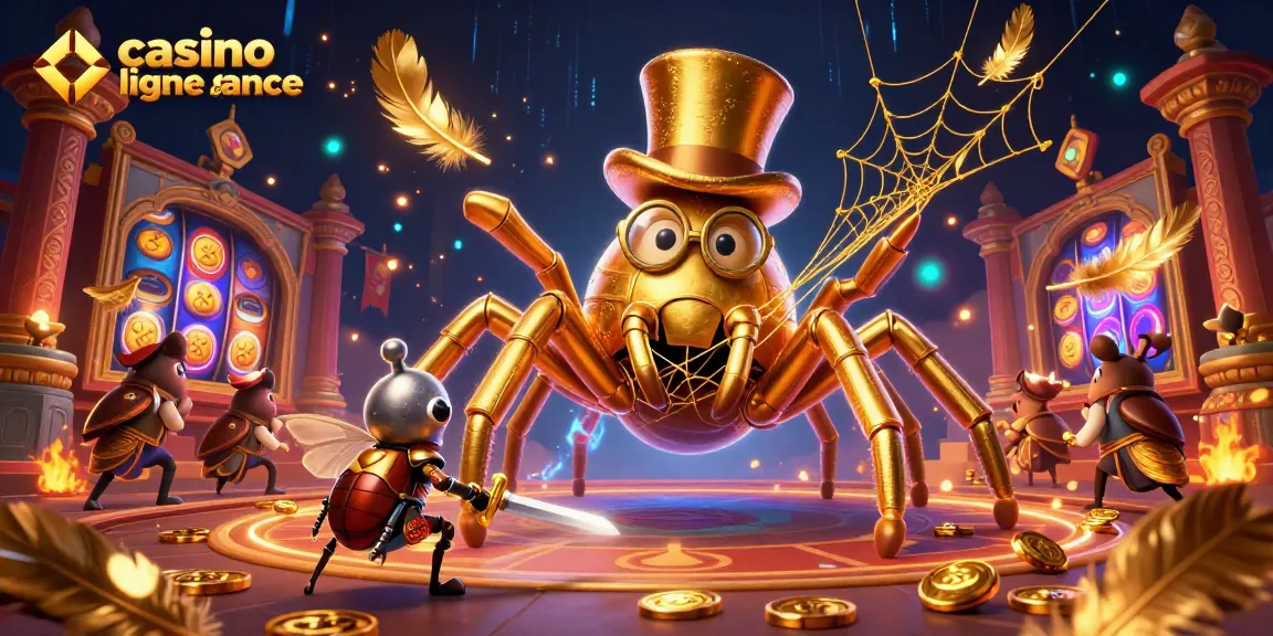 Une illustration de casino en ligne France présentant une tarentule dorée et un chevalier, vibrante et remplie de détails.