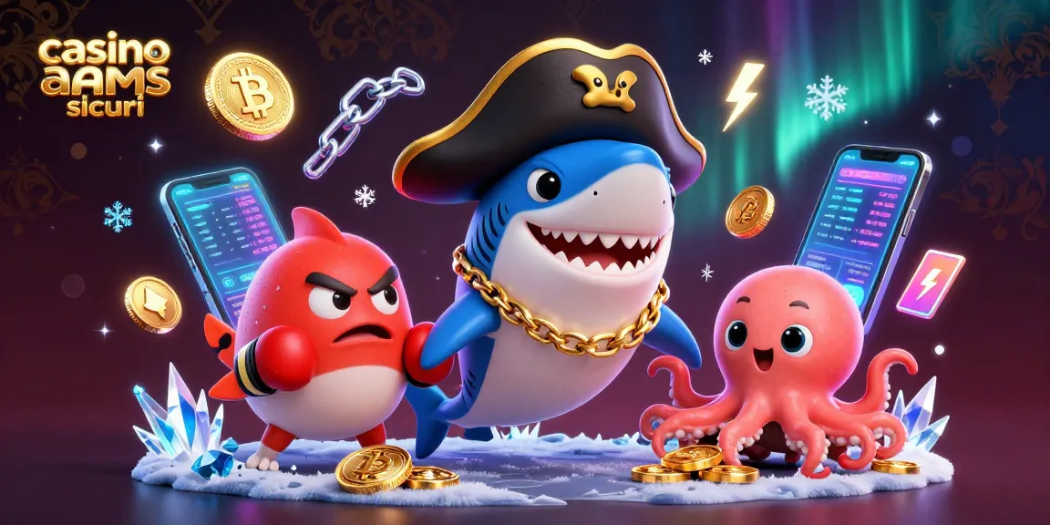 Scopri i migliori bonus e promozioni in casino non AAMS sicuri con l'illustrazione vivace di personaggi marini e monete crypto.