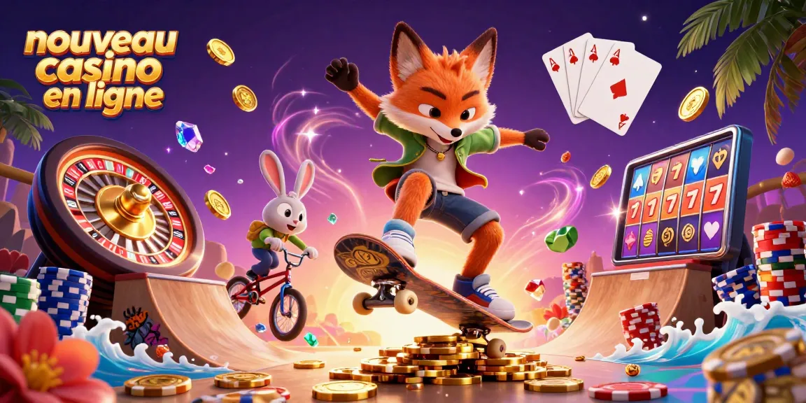 Découvrez un nouveau casino en ligne avec des personnages animés sur un fond vibrant et dynamique.