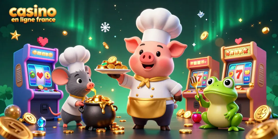 Jouez à casino en ligne france avec un chef caricatural servant des pièces d'or entouré de jeux colorés.