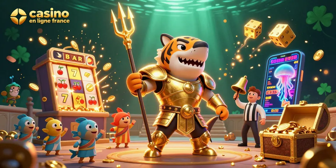Découvrez une scène spectaculaire de casino en ligne France avec un requin tigre 3D et des machines à sous scintillantes
