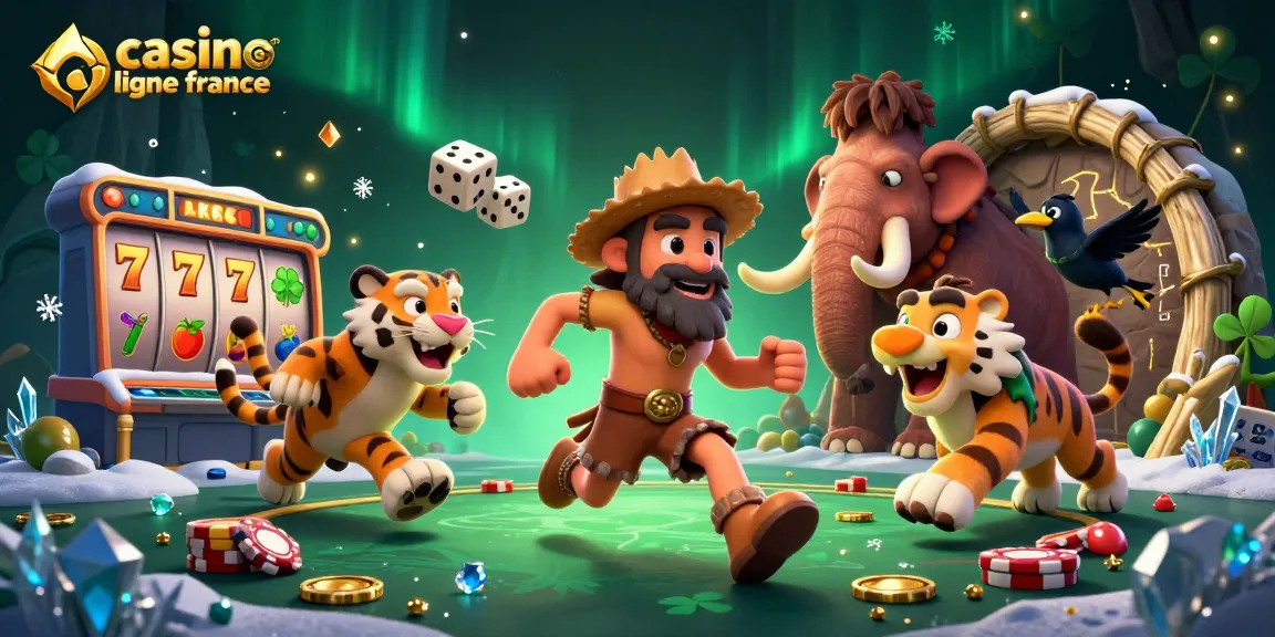 Casino en ligne France : un duo préhistorique de personnages jouant et lançant des dés dans un casino animé.