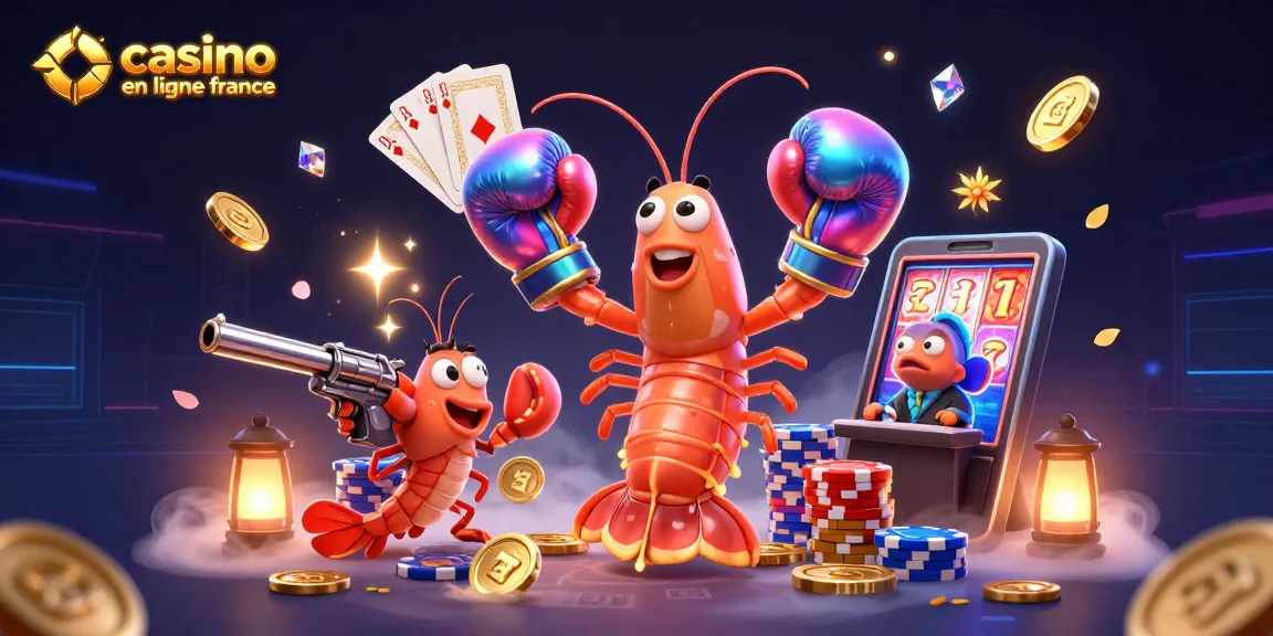 Illustration dynamique de casino en ligne France avec des personnages marins et des éléments de jeu