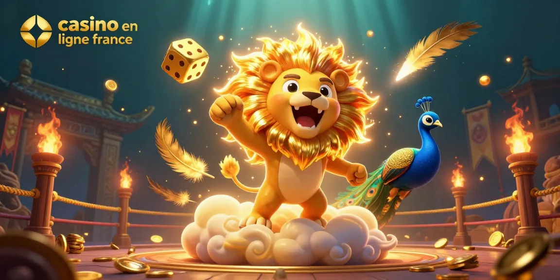 Découvrez un lion solaire majestueux dans un casino en ligne France entouré de dés dorés et de détails captivants.