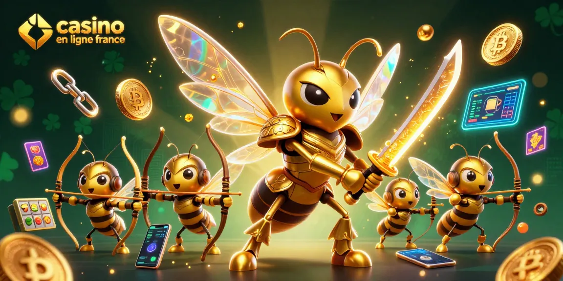 Ce visuel captivant de casino en ligne France présente un hornet géant en armure de samouraï entouré de pièces de crypto-monnaie.