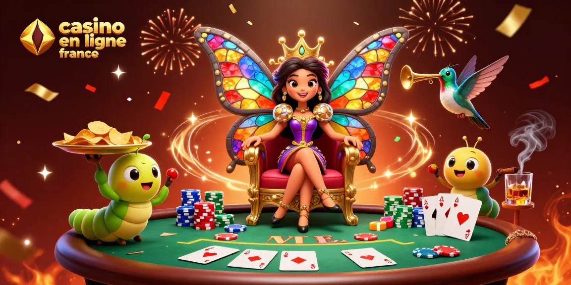 Illustration captivante de la reine papillon dans un casino en ligne france, entourée de jetons et de cartes.